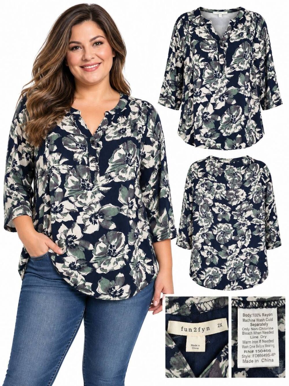 Fun2Fun 2X Navy Green White Floral Long Sleeve Button Blouse